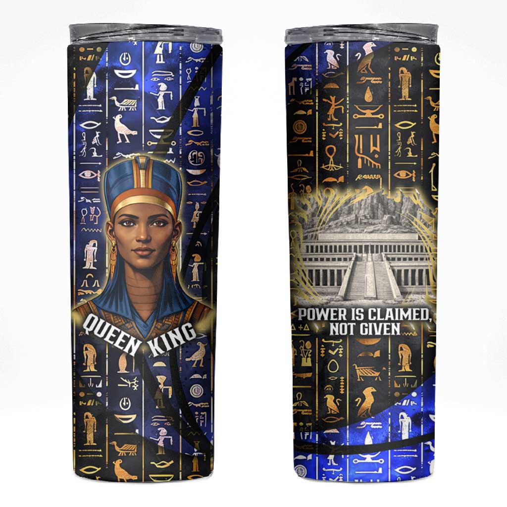 Hatshepsut Skinny Tumbler with Queen King Portrait, Temple Illustration and Blue-Gold Hieroglyphic - Wonder Print Shop