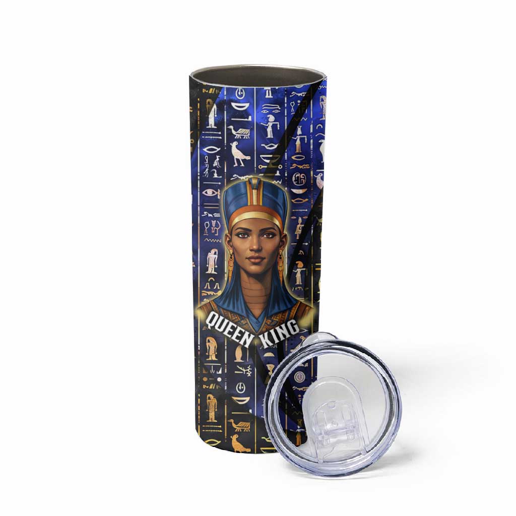 Hatshepsut Skinny Tumbler with Queen King Portrait, Temple Illustration and Blue-Gold Hieroglyphic - Wonder Print Shop