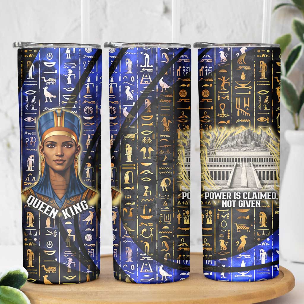 Hatshepsut Skinny Tumbler with Queen King Portrait, Temple Illustration and Blue-Gold Hieroglyphic - Wonder Print Shop
