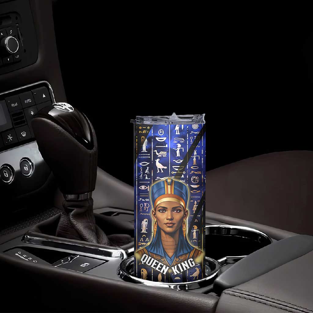 Hatshepsut Skinny Tumbler with Queen King Portrait, Temple Illustration and Blue-Gold Hieroglyphic - Wonder Print Shop