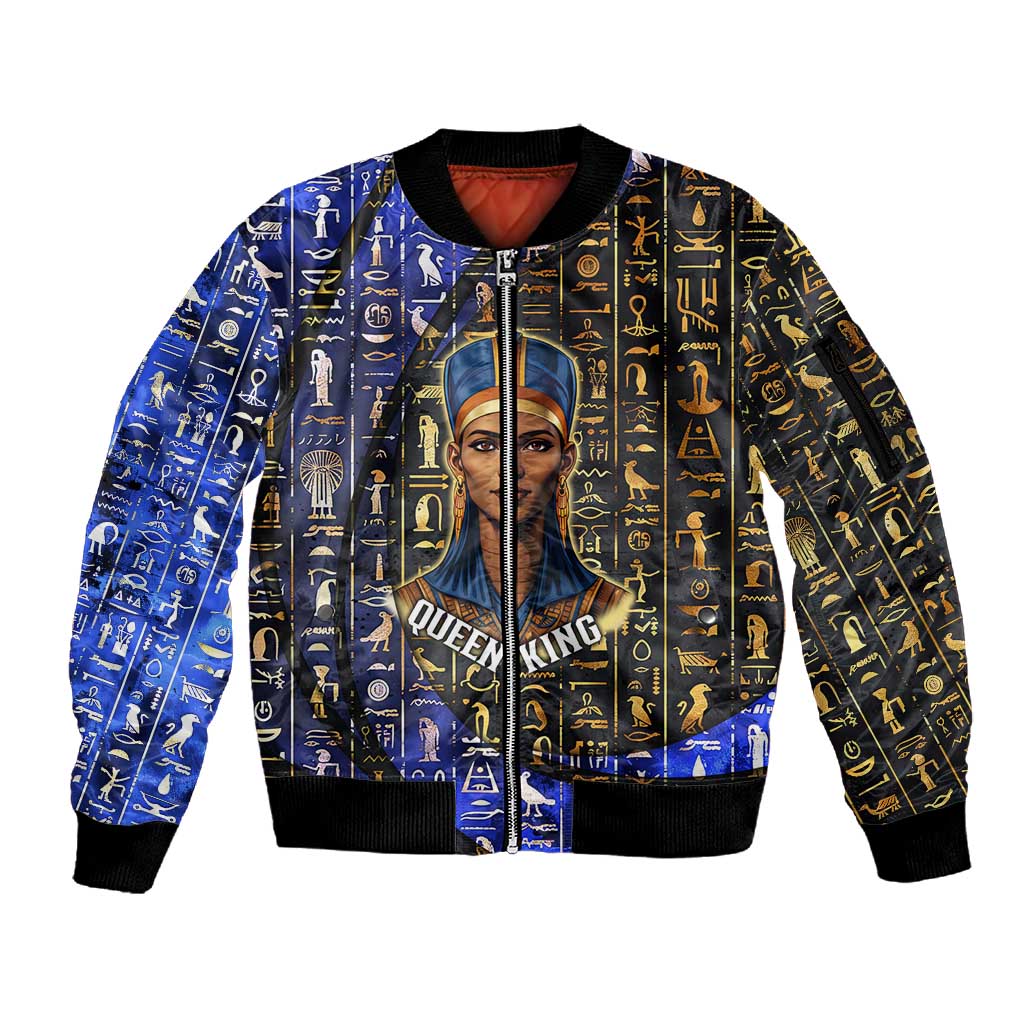 Hatshepsut Sleeve Zip Bomber Jacket with Queen King Portrait, Temple Illustration and Blue-Gold Hieroglyphic - Wonder Print Shop