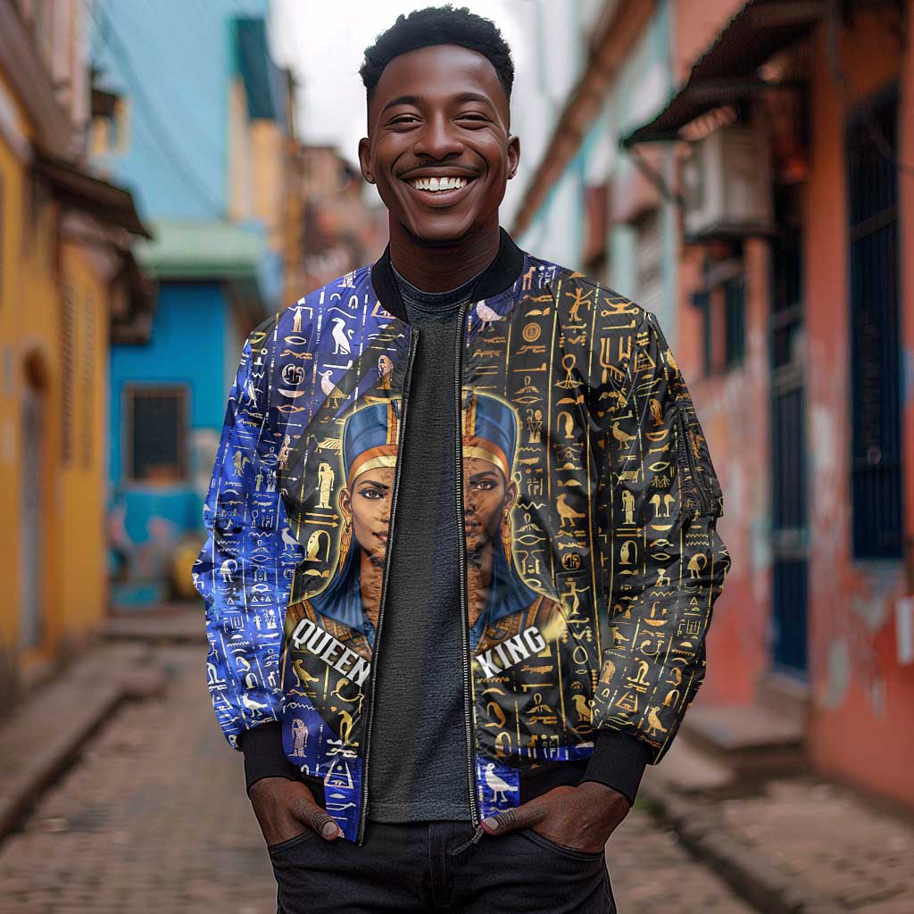 Hatshepsut Sleeve Zip Bomber Jacket with Queen King Portrait, Temple Illustration and Blue-Gold Hieroglyphic - Wonder Print Shop