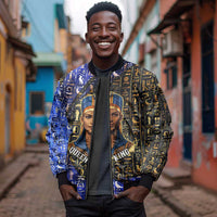 Hatshepsut Sleeve Zip Bomber Jacket with Queen King Portrait, Temple Illustration and Blue-Gold Hieroglyphic - Wonder Print Shop