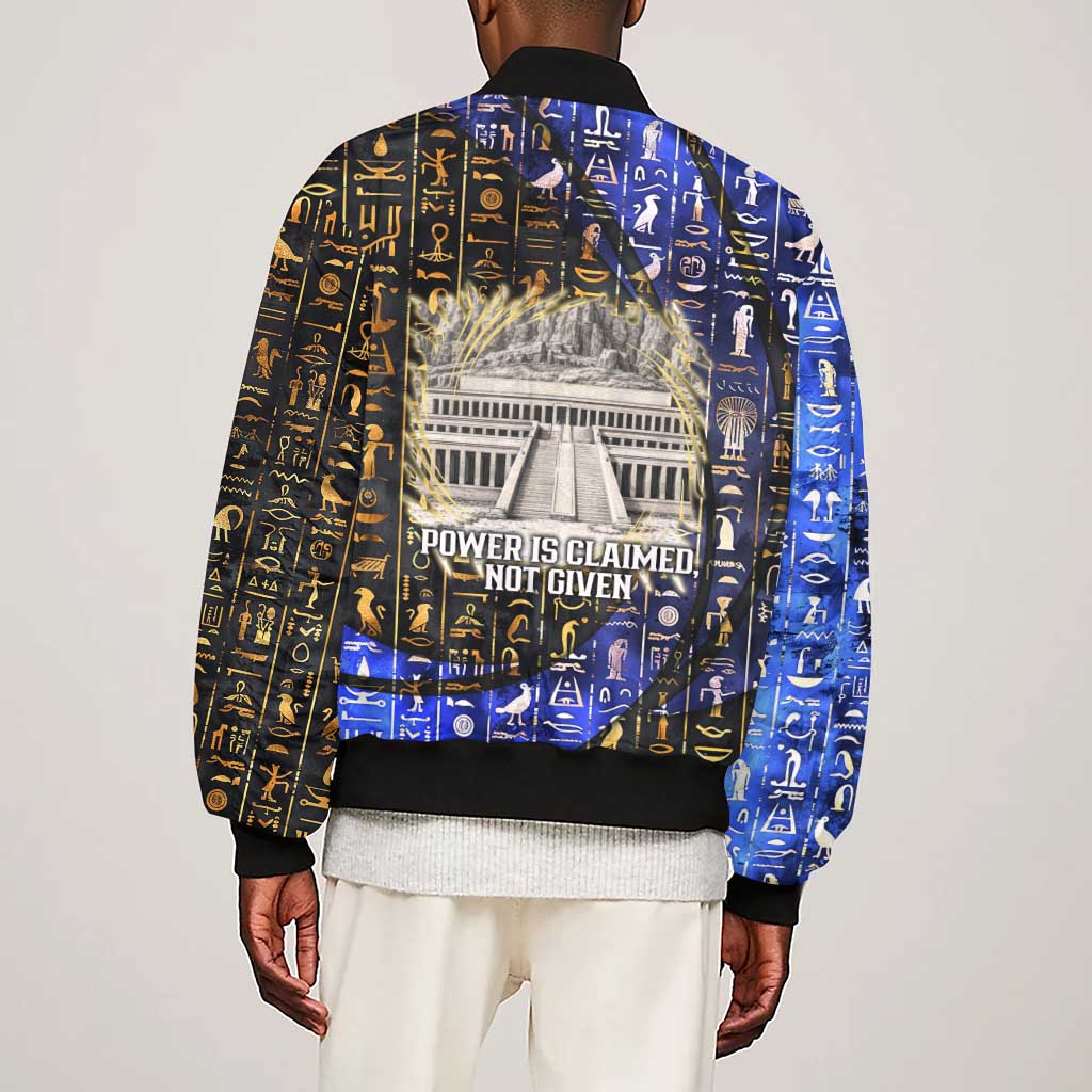 Hatshepsut Sleeve Zip Bomber Jacket with Queen King Portrait, Temple Illustration and Blue-Gold Hieroglyphic - Wonder Print Shop