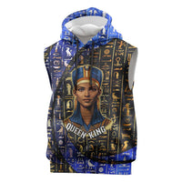 Hatshepsut Sleeveless Hoodie with Queen King Portrait, Temple Illustration and Blue-Gold Hieroglyphic - Wonder Print Shop