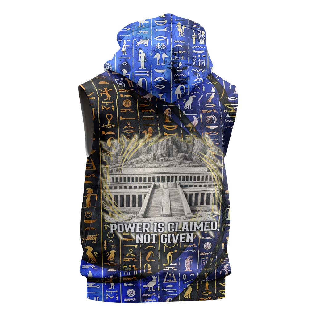 Hatshepsut Sleeveless Hoodie with Queen King Portrait, Temple Illustration and Blue-Gold Hieroglyphic - Wonder Print Shop