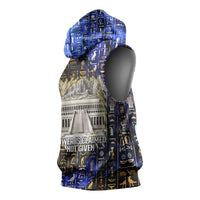 Hatshepsut Sleeveless Hoodie with Queen King Portrait, Temple Illustration and Blue-Gold Hieroglyphic - Wonder Print Shop