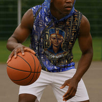 Hatshepsut Sleeveless Hoodie with Queen King Portrait, Temple Illustration and Blue-Gold Hieroglyphic - Wonder Print Shop