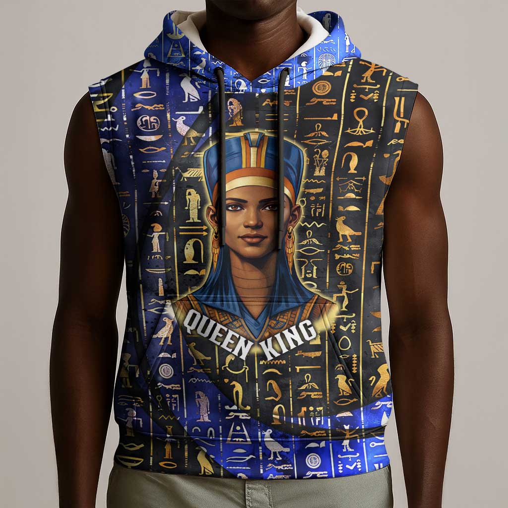 Hatshepsut Sleeveless Hoodie with Queen King Portrait, Temple Illustration and Blue-Gold Hieroglyphic - Wonder Print Shop