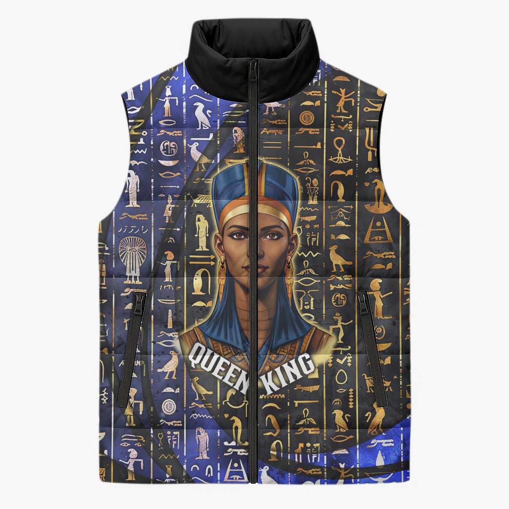 Hatshepsut Sleeveless Puffer Jacket with Queen King Portrait, Temple Illustration and Blue-Gold Hieroglyphic - Wonder Print Shop