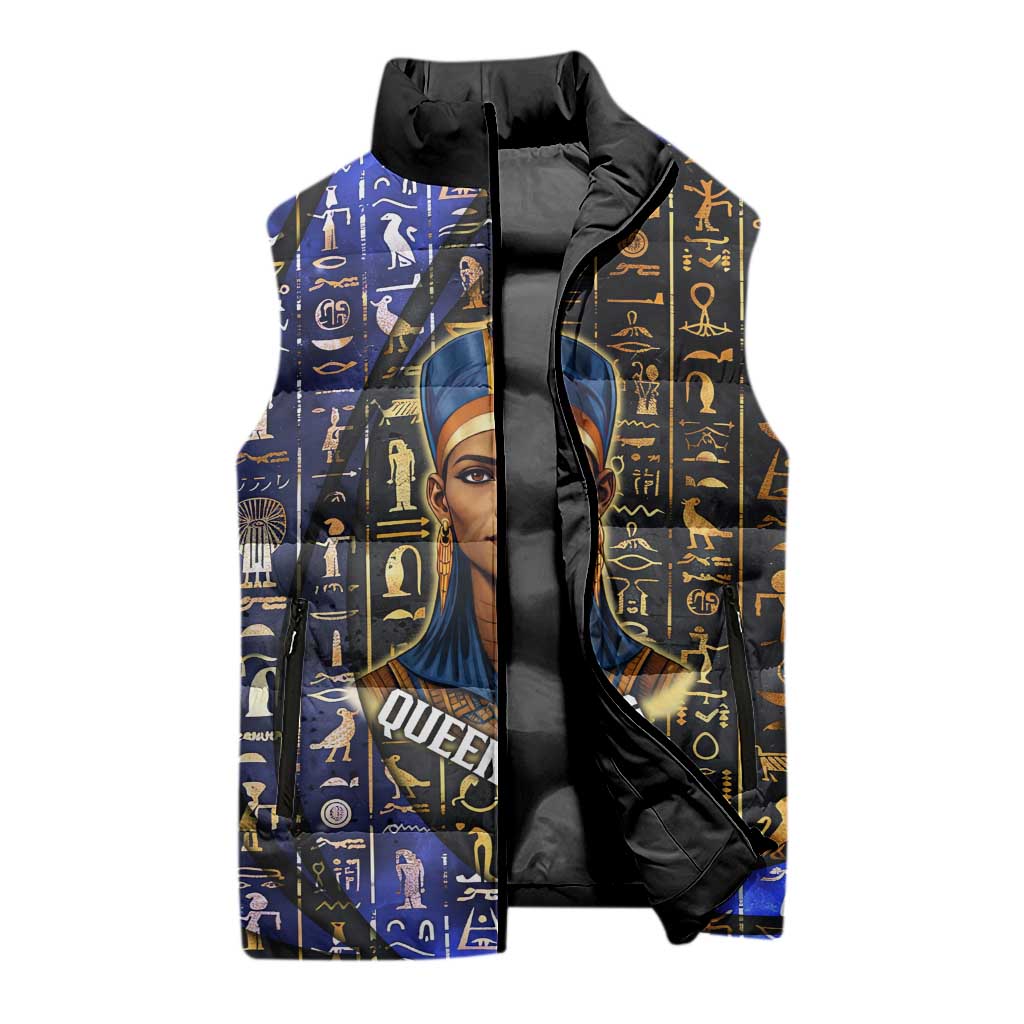 Hatshepsut Sleeveless Puffer Jacket with Queen King Portrait, Temple Illustration and Blue-Gold Hieroglyphic - Wonder Print Shop