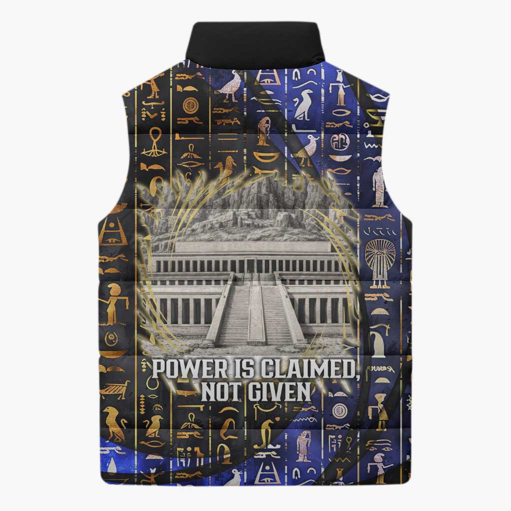 Hatshepsut Sleeveless Puffer Jacket with Queen King Portrait, Temple Illustration and Blue-Gold Hieroglyphic - Wonder Print Shop