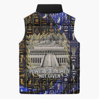 Hatshepsut Sleeveless Puffer Jacket with Queen King Portrait, Temple Illustration and Blue-Gold Hieroglyphic - Wonder Print Shop