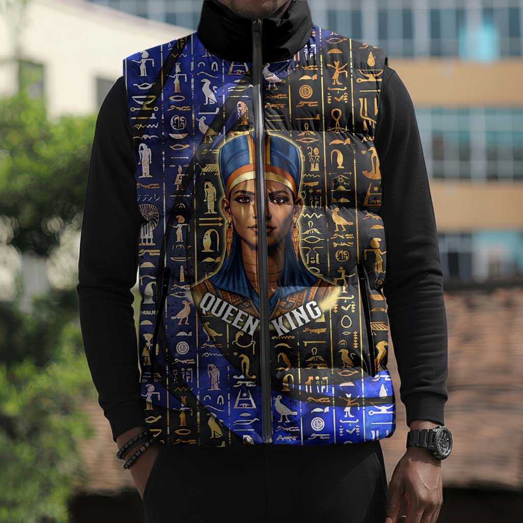 Hatshepsut Sleeveless Puffer Jacket with Queen King Portrait, Temple Illustration and Blue-Gold Hieroglyphic - Wonder Print Shop