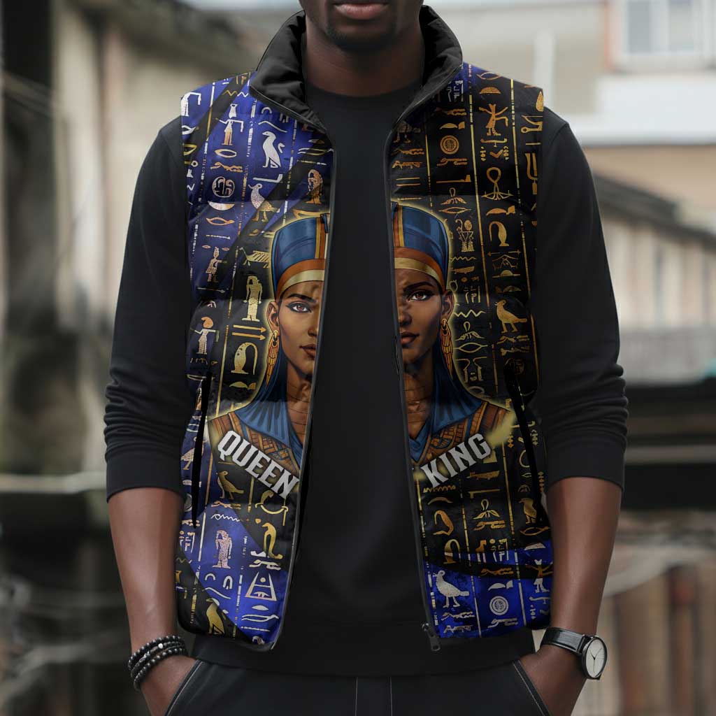 Hatshepsut Sleeveless Puffer Jacket with Queen King Portrait, Temple Illustration and Blue-Gold Hieroglyphic - Wonder Print Shop