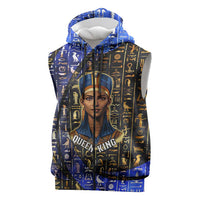 Hatshepsut Sleeveless Zip Hoodie with Queen King Portrait, Temple Illustration and Blue-Gold Hieroglyphic - Wonder Print Shop