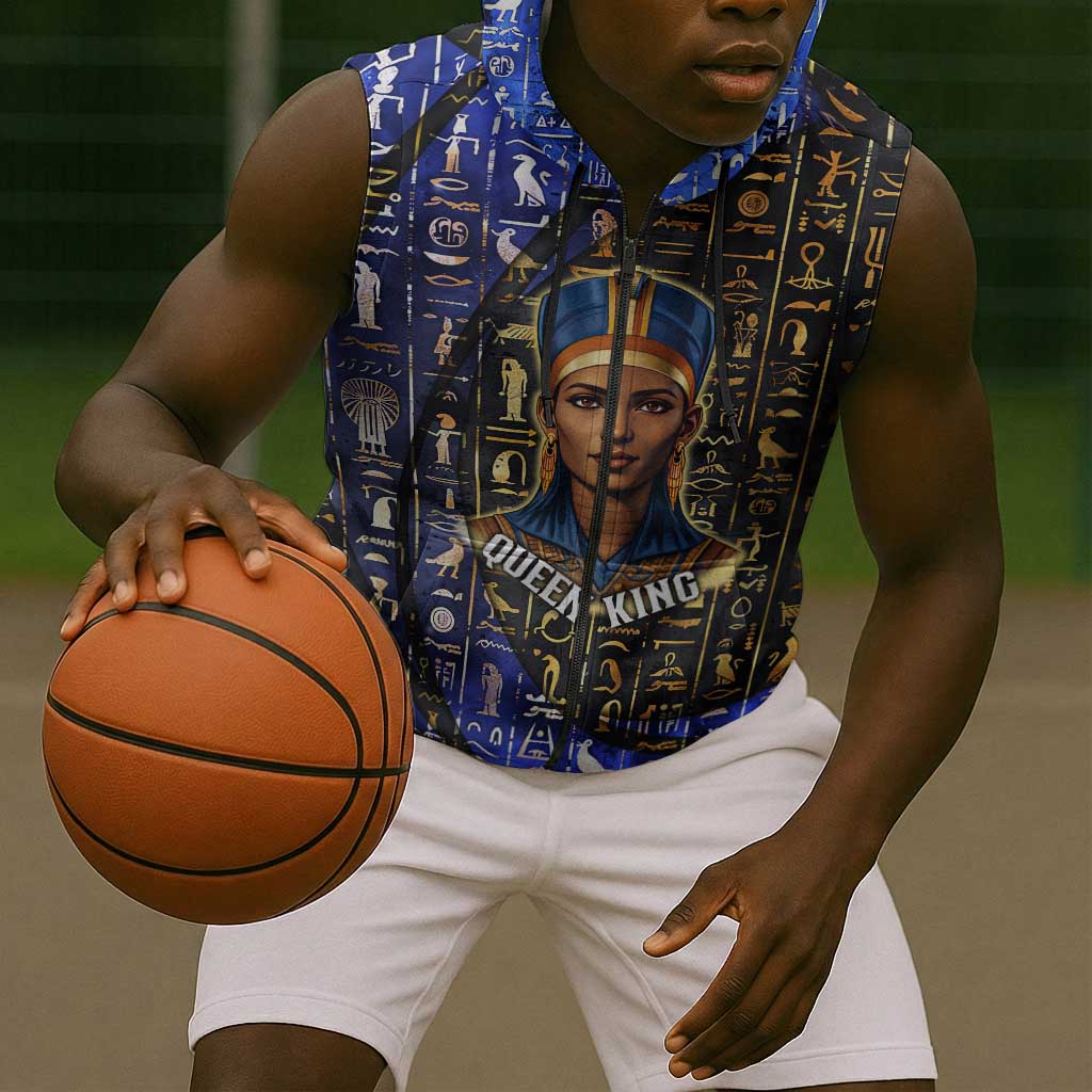 Hatshepsut Sleeveless Zip Hoodie with Queen King Portrait, Temple Illustration and Blue-Gold Hieroglyphic - Wonder Print Shop