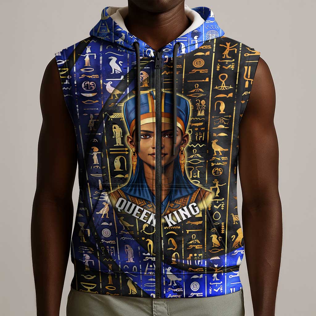 Hatshepsut Sleeveless Zip Hoodie with Queen King Portrait, Temple Illustration and Blue-Gold Hieroglyphic - Wonder Print Shop