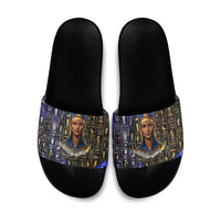 Hatshepsut Slide Sandals with Queen King Portrait, Temple Illustration and Blue-Gold Hieroglyphic - Wonder Print Shop