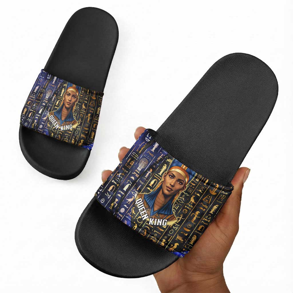 Hatshepsut Slide Sandals with Queen King Portrait, Temple Illustration and Blue-Gold Hieroglyphic - Wonder Print Shop