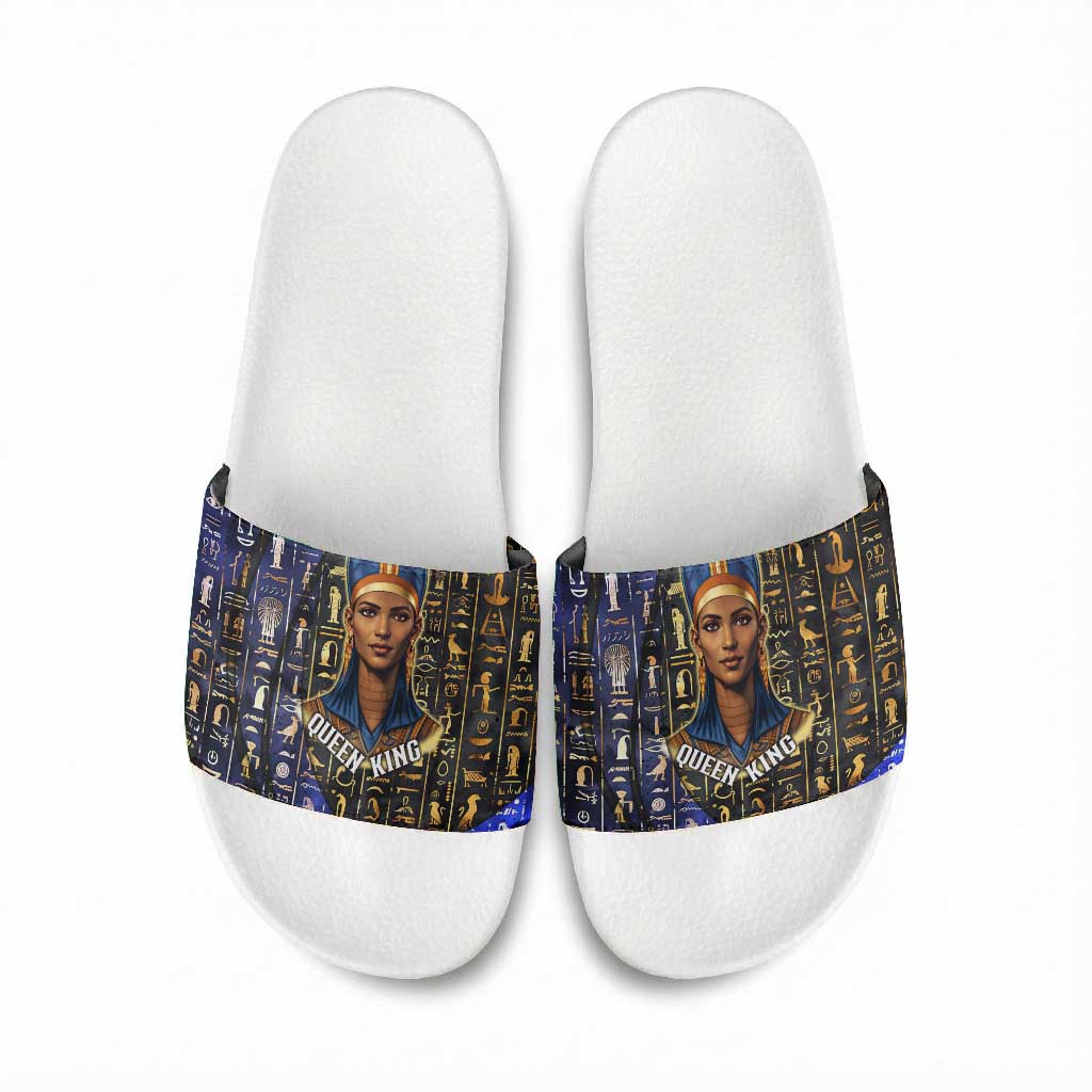 Hatshepsut Slide Sandals with Queen King Portrait, Temple Illustration and Blue-Gold Hieroglyphic - Wonder Print Shop