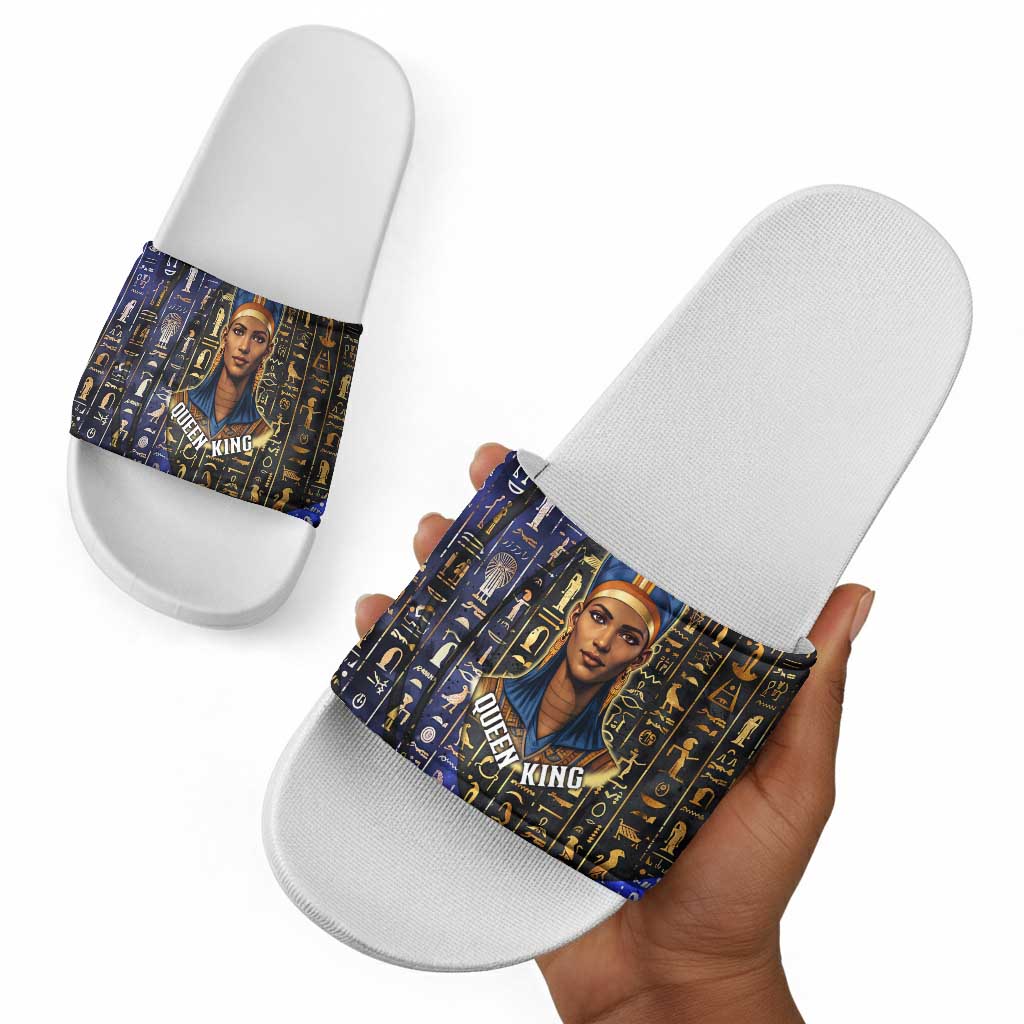 Hatshepsut Slide Sandals with Queen King Portrait, Temple Illustration and Blue-Gold Hieroglyphic - Wonder Print Shop
