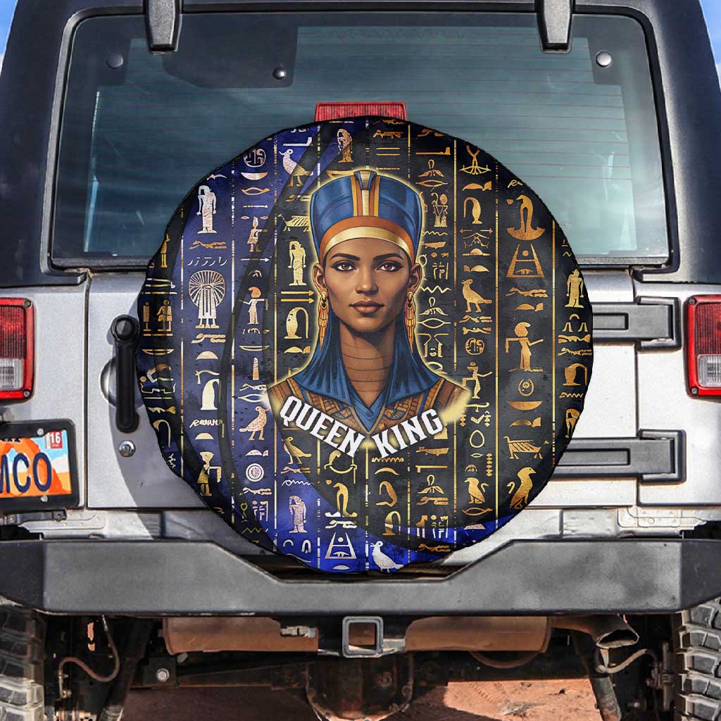 Hatshepsut Spare Tire Cover with Queen King Portrait, Temple Illustration and Blue-Gold Hieroglyphic - Wonder Print Shop