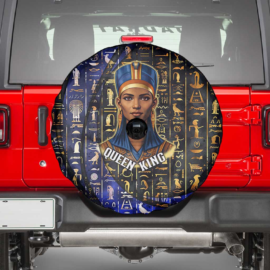 Hatshepsut Spare Tire Cover with Queen King Portrait, Temple Illustration and Blue-Gold Hieroglyphic - Wonder Print Shop