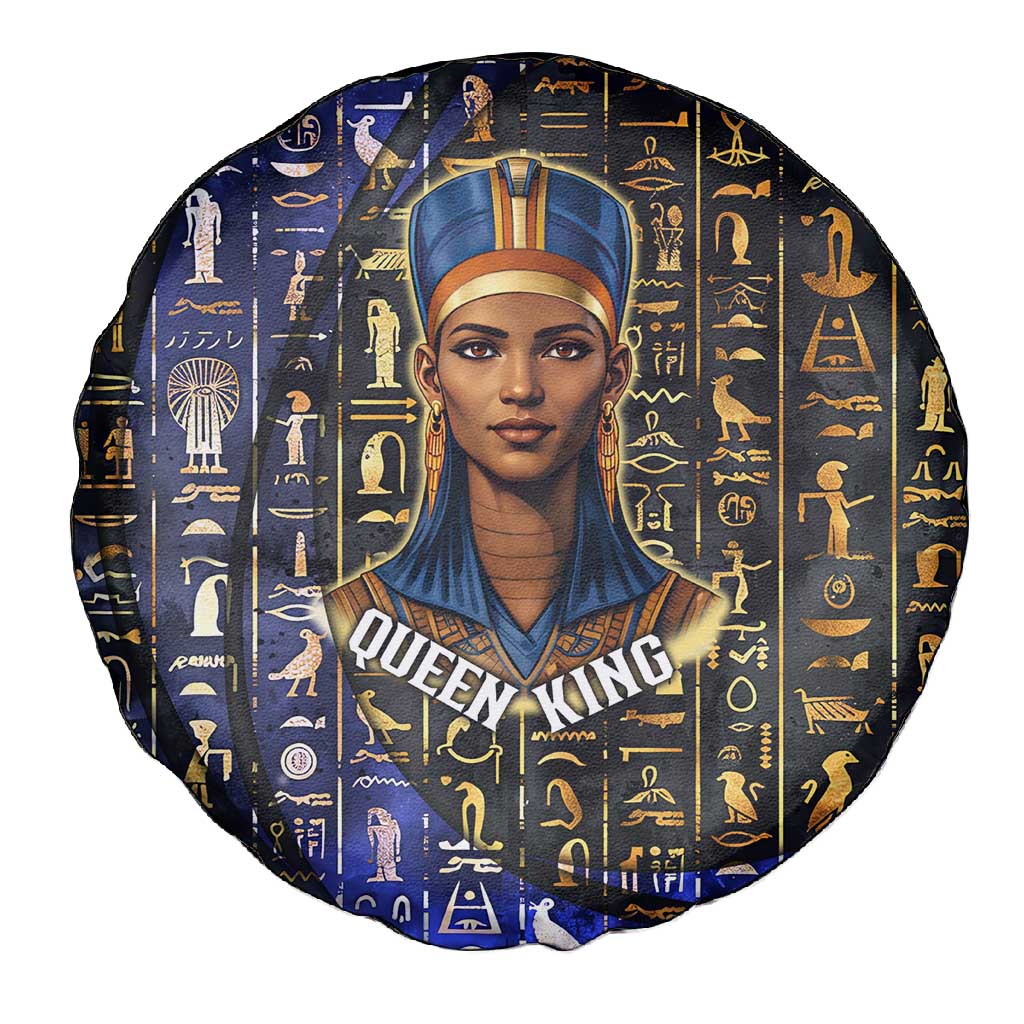 Hatshepsut Spare Tire Cover with Queen King Portrait, Temple Illustration and Blue-Gold Hieroglyphic - Wonder Print Shop