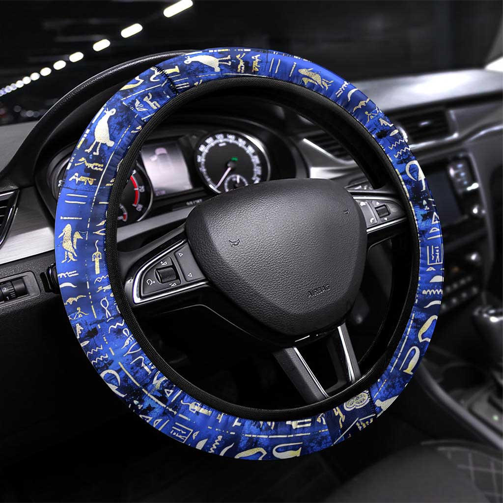 Hatshepsut Steering Wheel Cover with Queen King Portrait, Temple Illustration and Blue-Gold Hieroglyphic - Wonder Print Shop