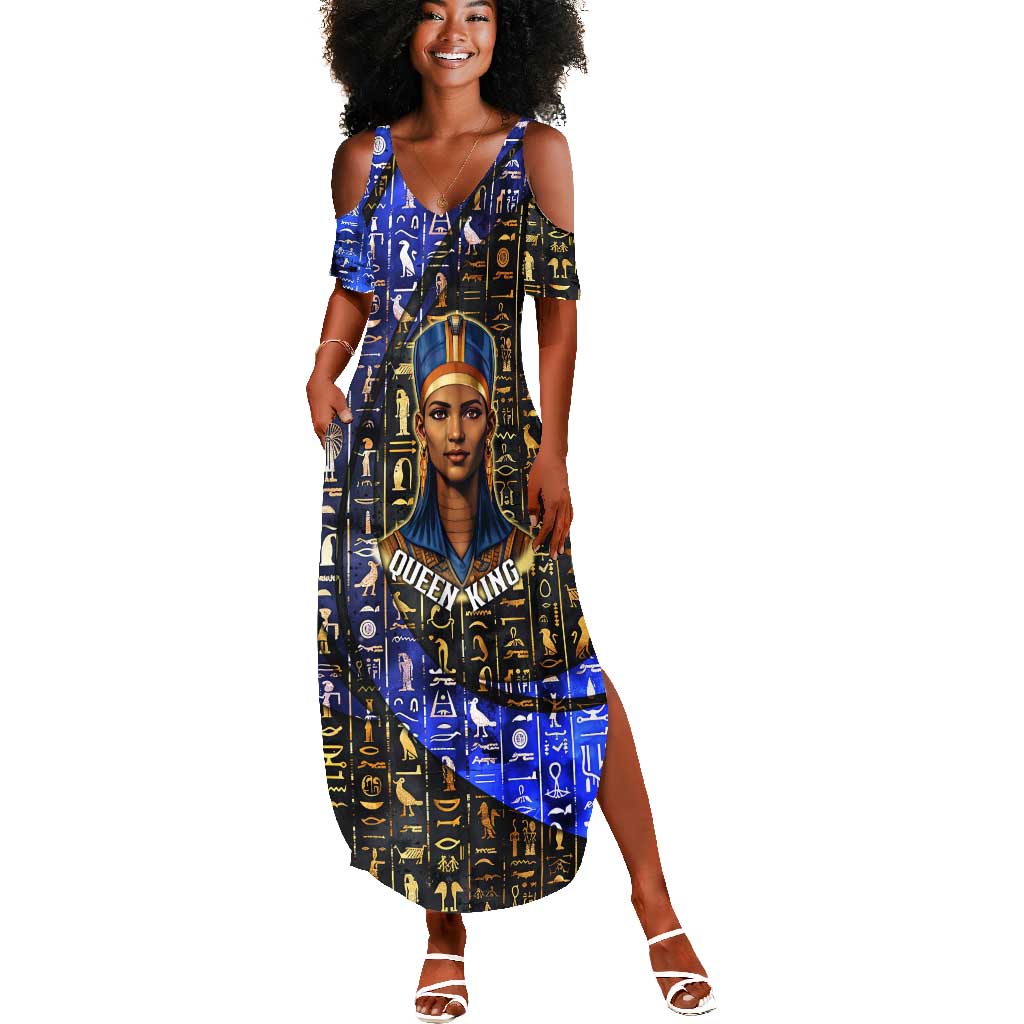 Hatshepsut Summer Maxi Dress with Queen King Portrait, Temple Illustration and Blue-Gold Hieroglyphic - Wonder Print Shop