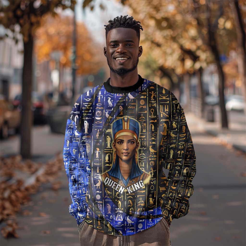Hatshepsut Sweatshirt with Queen King Portrait, Temple Illustration and Blue-Gold Hieroglyphic - Wonder Print Shop