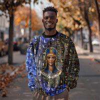 Hatshepsut Sweatshirt with Queen King Portrait, Temple Illustration and Blue-Gold Hieroglyphic - Wonder Print Shop