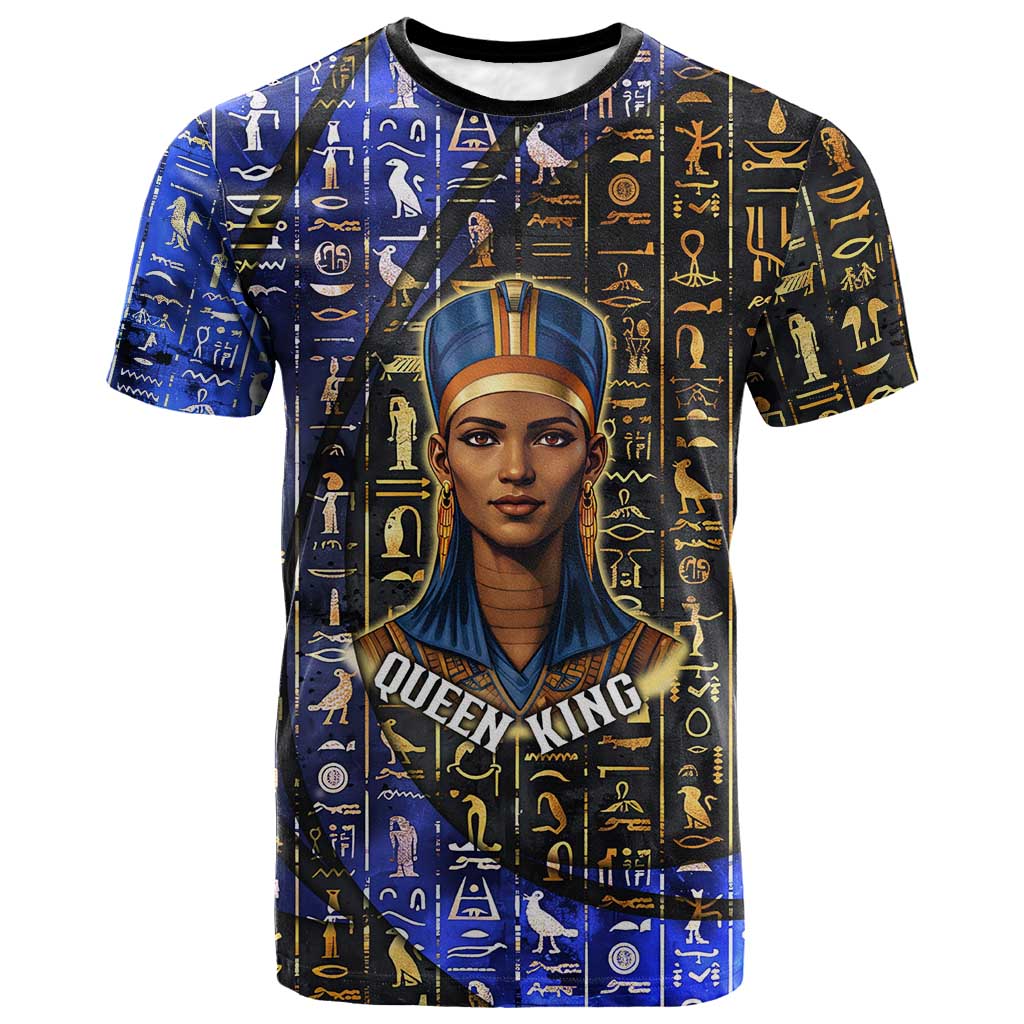 Hatshepsut T shirt with Queen King Portrait, Temple Illustration and Blue-Gold Hieroglyphic - Wonder Print Shop