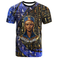 Hatshepsut T shirt with Queen King Portrait, Temple Illustration and Blue-Gold Hieroglyphic - Wonder Print Shop