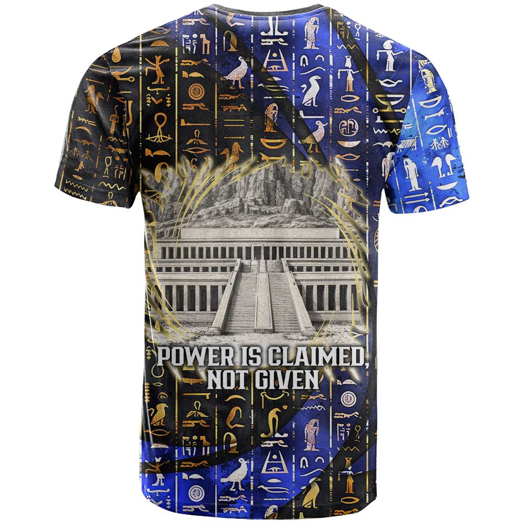 Hatshepsut T shirt with Queen King Portrait, Temple Illustration and Blue-Gold Hieroglyphic - Wonder Print Shop