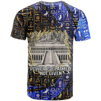 Hatshepsut T shirt with Queen King Portrait, Temple Illustration and Blue-Gold Hieroglyphic - Wonder Print Shop