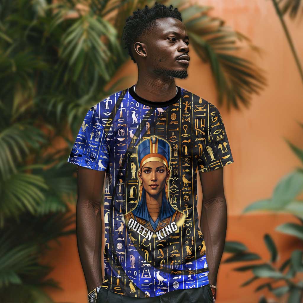 Hatshepsut T shirt with Queen King Portrait, Temple Illustration and Blue-Gold Hieroglyphic - Wonder Print Shop