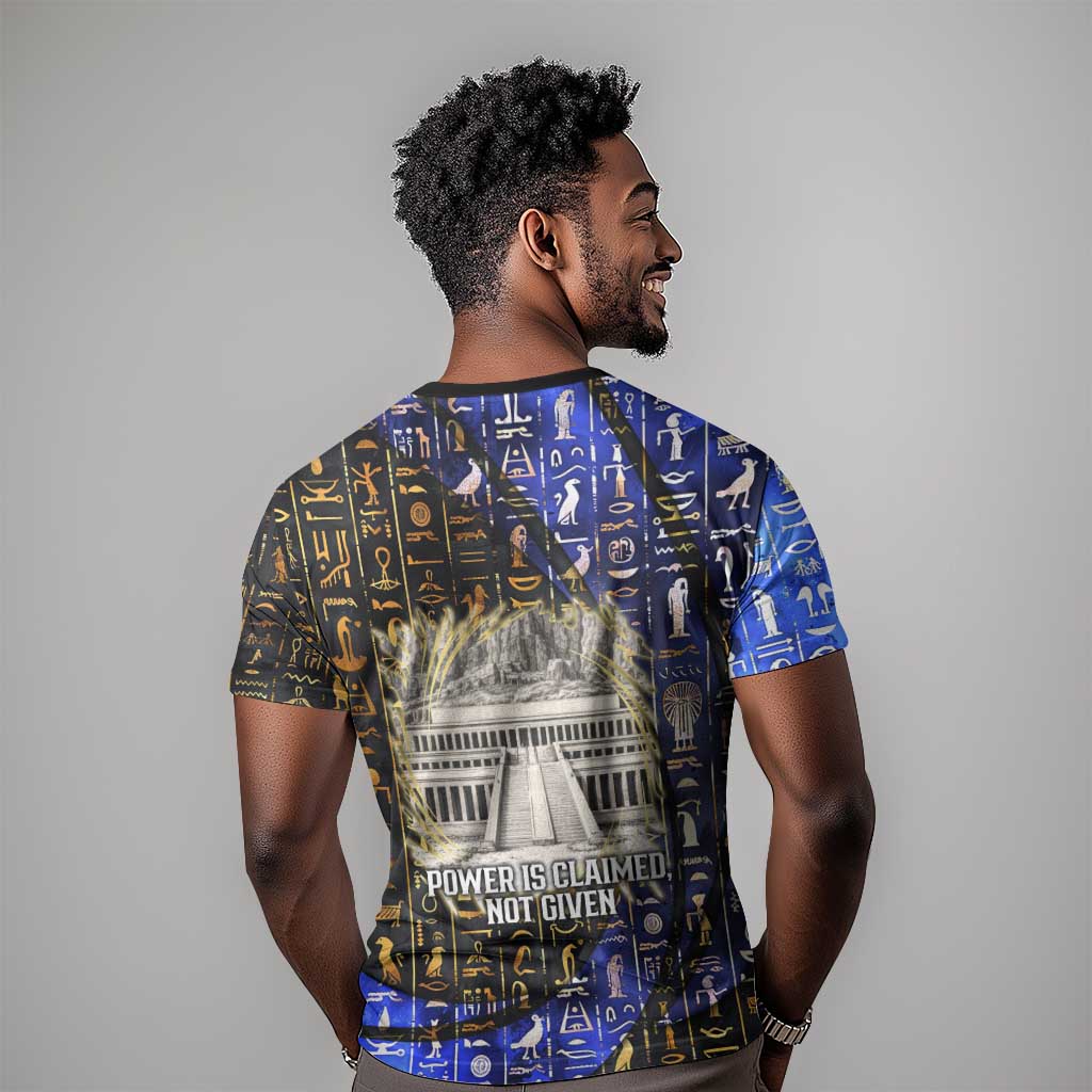 Hatshepsut T shirt with Queen King Portrait, Temple Illustration and Blue-Gold Hieroglyphic - Wonder Print Shop