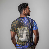 Hatshepsut T shirt with Queen King Portrait, Temple Illustration and Blue-Gold Hieroglyphic - Wonder Print Shop