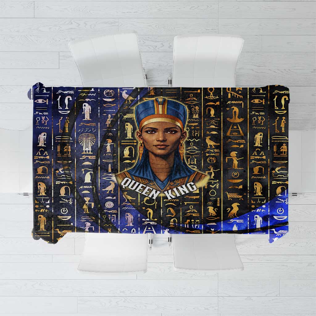 Hatshepsut Tablecloth with Queen King Portrait, Temple Illustration and Blue-Gold Hieroglyphic - Wonder Print Shop