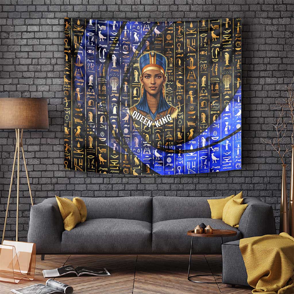 Hatshepsut Tapestry with Queen King Portrait, Temple Illustration and Blue-Gold Hieroglyphic - Wonder Print Shop