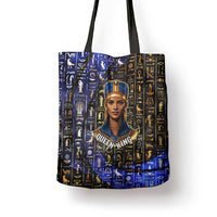 Hatshepsut Tote Bag with Queen King Portrait, Temple Illustration and Blue-Gold Hieroglyphic - Wonder Print Shop