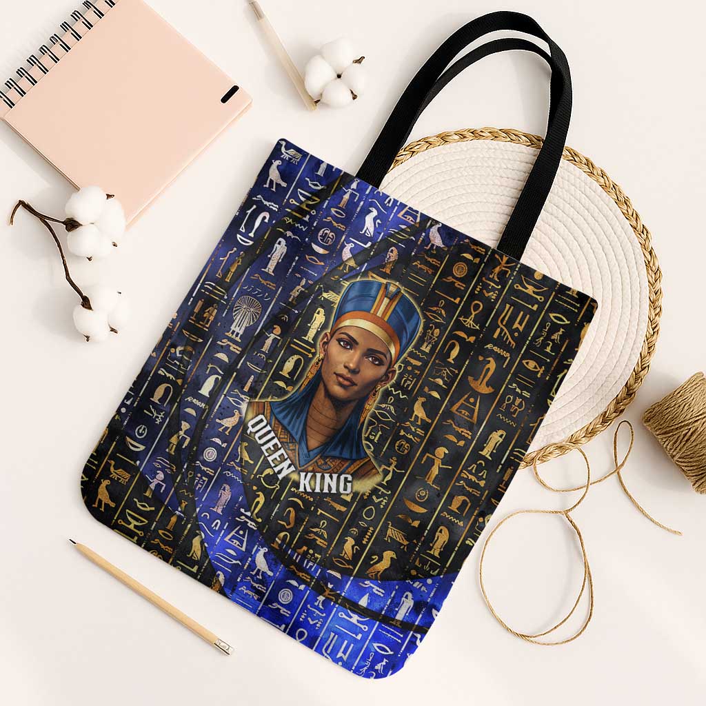 Hatshepsut Tote Bag with Queen King Portrait, Temple Illustration and Blue-Gold Hieroglyphic - Wonder Print Shop