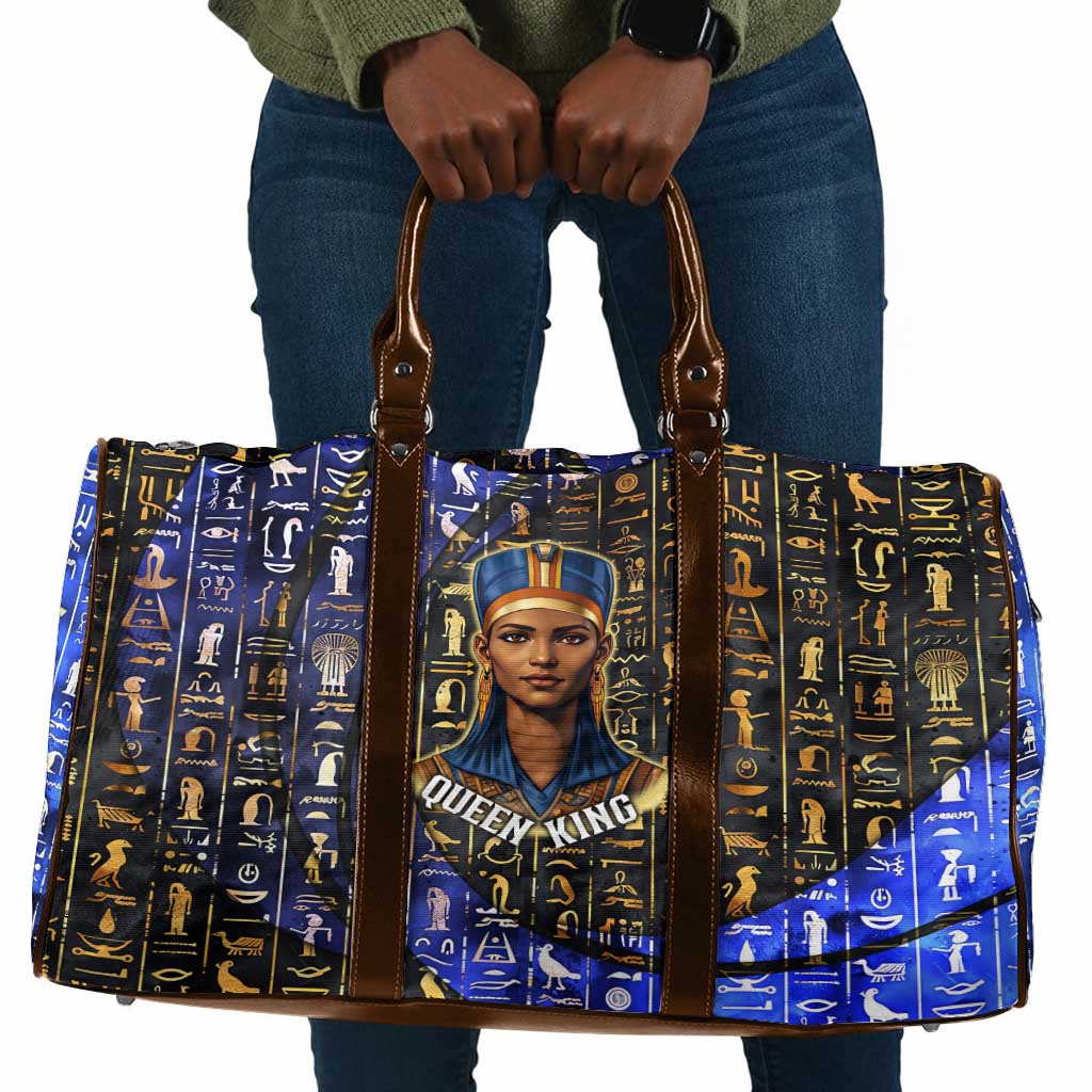 Hatshepsut Travel Bag with Queen King Portrait, Temple Illustration and Blue-Gold Hieroglyphic - Wonder Print Shop