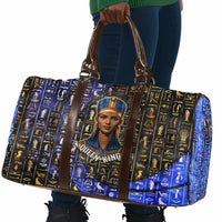 Hatshepsut Travel Bag with Queen King Portrait, Temple Illustration and Blue-Gold Hieroglyphic - Wonder Print Shop