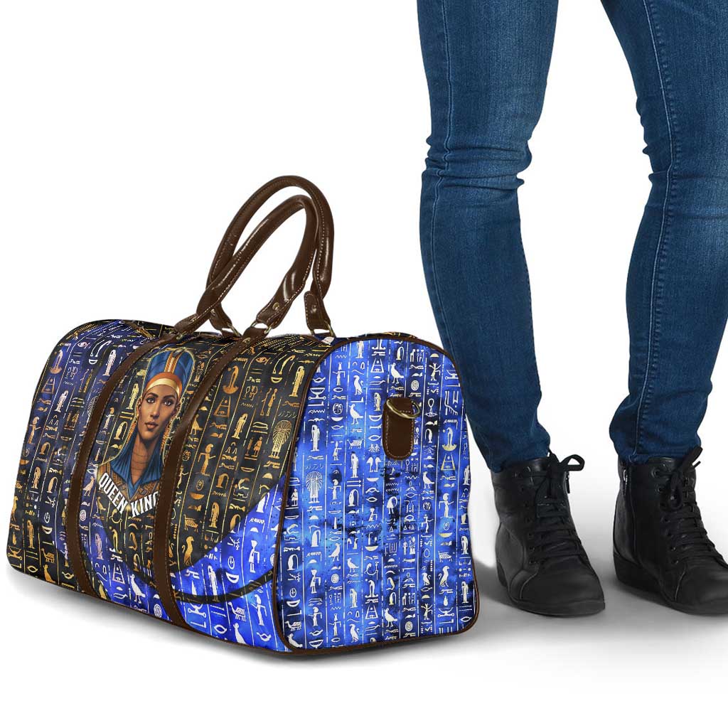 Hatshepsut Travel Bag with Queen King Portrait, Temple Illustration and Blue-Gold Hieroglyphic - Wonder Print Shop