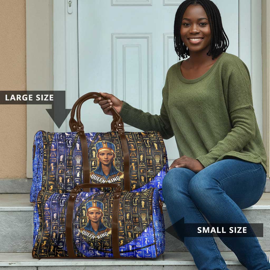 Hatshepsut Travel Bag with Queen King Portrait, Temple Illustration and Blue-Gold Hieroglyphic - Wonder Print Shop