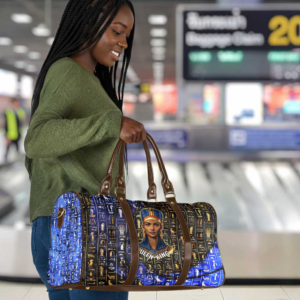 Hatshepsut Travel Bag with Queen King Portrait, Temple Illustration and Blue-Gold Hieroglyphic - Wonder Print Shop