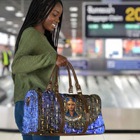 Hatshepsut Travel Bag with Queen King Portrait, Temple Illustration and Blue-Gold Hieroglyphic - Wonder Print Shop